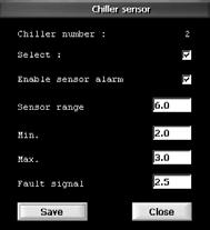 8 Setting the pump Fig. 9 Setting the chiller sensor Text Pump number Select Genibus number Enable VFD alarms Enable Genibus alarms Max. head Max. flow Max.