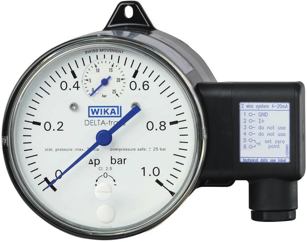 Mechatronic pressure measurement Differential pressure gauge with output signal With integrated working pressure indication (DELTA-trans) Model DPGT40 WIKA data sheet PV 17.
