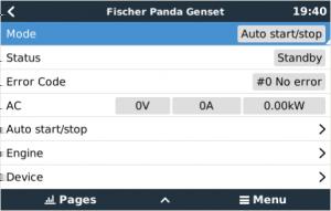 Last update: 2017-08-17 13:43 ccgx:generator_start_stop https://www.victronenergy.com/live/ccgx:generator_start_stop 1. 2. Enable the AutoStart function in the Fischer Panda generator control panel.