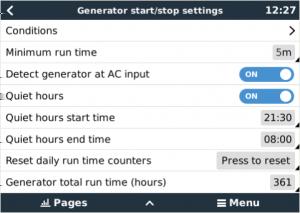 2017-08-17 22:47 3/8 Generator auto start/stop on CCGX and Venus GX Conditions: See Conditions Minimum runtime: Once started the generator should run for a minimum amount of time, for manual start