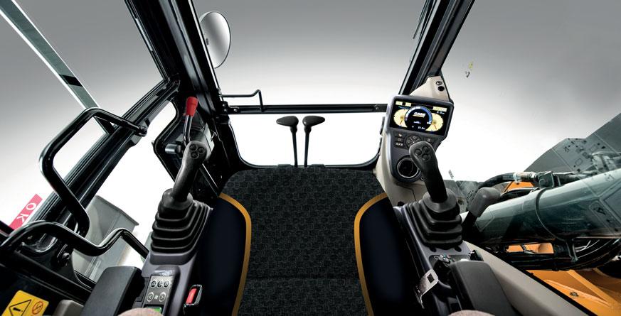 COMFORTABLE AND SAFE CAB Built for long working hours Outstanding roominess Same cab as larger CASE excavators, which means: 7% wider cab - 11% more foot space The joystick lever to travel lever