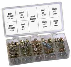 Deluxe Fitting Assortment 50 Piece 1/4-28 grease fittings packed in transparent box.