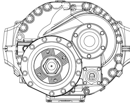 The forward side gear of the inter-axle differential is part of the upper helical gear hub.