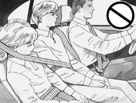 {CAUTION: Never do this. Here two children are wearing the same belt. The belt can t properly spread the impact forces. In a crash, the two children can be crushed together and seriously injured.