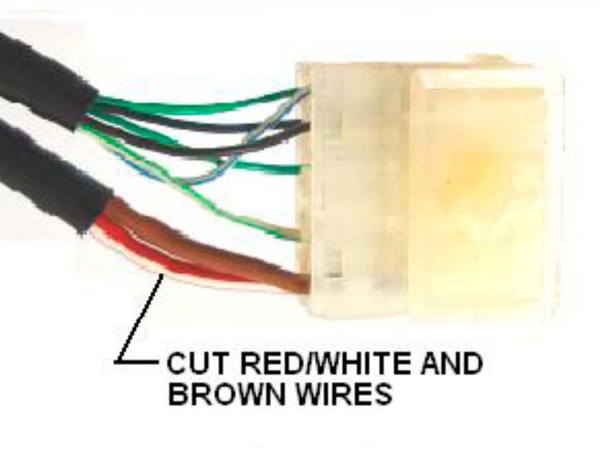 12. CUT THE RED/WHITE AND BROWN WIRES OF THE OLD COMPRESSOR NEAR THE CONNECTOR. MAKE SURE TO LEAVE ENOUGH WIRE AT THE CONNECTOR TO ADD THE NEW BUTT CONNECTORS OF THE NEW COMPRESSOR. (FIGURE M) 13.