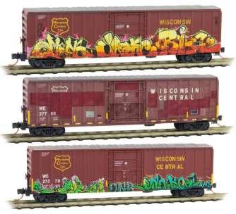 993 05 330, $94.95 Reporting Marks: WC 27006, 27768 and 27270. Wisconsin Central Graffiti Three-Pack. Consists of three 50 foot exterior post boxcars with plug doors.