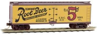 N SCALE SPECIAL EDITION RELEASES: 049 00 240, $24.95 Reporting Marks: EBC 5021. 40 Foot Wood Double Sheathed Refrigerator Car, Vertical Brake Staff, Elwood s Root Beer.