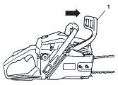 As soon as engine start, pull throttle lever full once and release immediately. (Fig. 14) Then half-throttle is disengaged. Make sure chain brake is disengaged. (Fig. 15) Allow the engine about 2-3 minutes to warm up before subjecting it to any load.