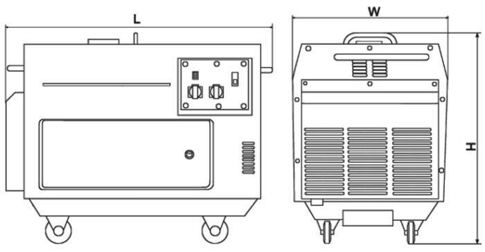 1-3.2 Outline and installation dimensions of diesel generator. (Silent type) Outline and data of diesel generator unit: mm Type Rated power (kw) L W H 3600S 2.7 820 520 700 4600S 4.