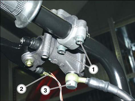 CHASSIS ATLANTIC 125-200 7.2.2. REMOVING THE REAR BRAKE MASTER CYLINDER Remove the left switch, 7.2.5. Release and remove the two screws (1). Remove the brake master cylinder clamp.