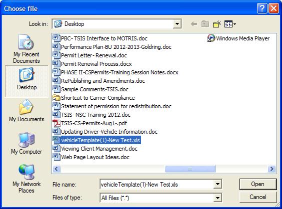 Click Browse to find the Vehicles Template file that you previously saved to your computer. Select the appropriate file on your computer.