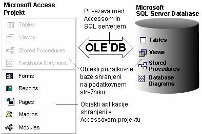 (Macros) in moduli (Modules). V podatkovni bazi so shranjene: tabele (Tables), poizvedbe (Views), procedure (Stored Procedures), podatkovni model (Database Diagrams).