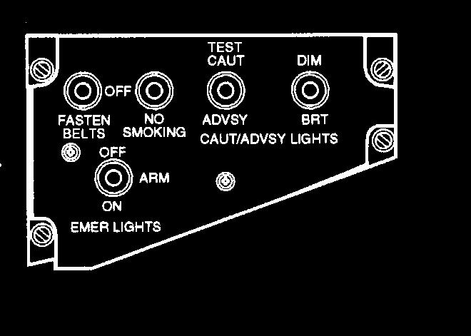 Interior Light LEFT Control / RIGHT PILOT S LEFT / RIGHT PILOT S LEFT / RIGHT PILOT S LEFT / RIGHT PILOT S FLIGHT COMPARTMENT CEILING FASTEN BELTS SIGN SWITCH (two position toggle action) OFF - seat