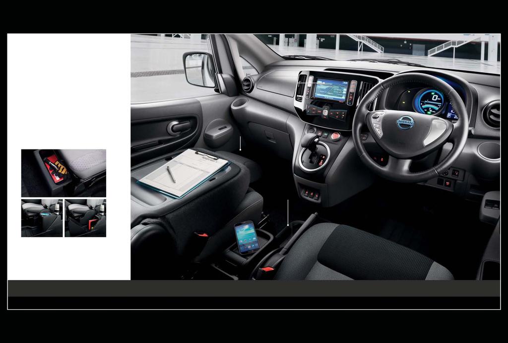 A MOBILE OFFICE THAT WORKS ANYWHERE YOU GO. e-nv200 offers an unexpected level of equipment. e-nv200 interior is inspired by drivers who need to get work done on the go.