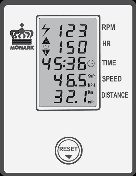 Meter instructions Display Value Unit RPM 0-199 rev./min. HR 50-240 bpm TIME 0:00-99:59 min:sec SPEED 0-99 km/h DISTANCE 0.0-99.9 km Batteries: Storing temperature: Operating temperature: 1.