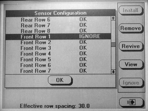 If a seed tube is too dirty, the message Clean Or Replace Sensor As Necessary will be displayed and the bargraph for that row will