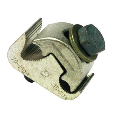 Brass tap-off and connection cable clamp Partly insulated clamp for Cu and Al cables Material: brass (CuZn), electro-tinned Insulation: PVC Screw: steel, grade 8.