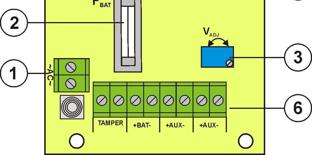 [5] AC - LED for AC voltage AUX - LED for DC output voltage Connectors: [6] +BAT- DC supply output of the battery (+BAT= red, -BAT=black) +AUX- DC supply output (+AUX= +U, -AUX=GND) TAMPER - contacts