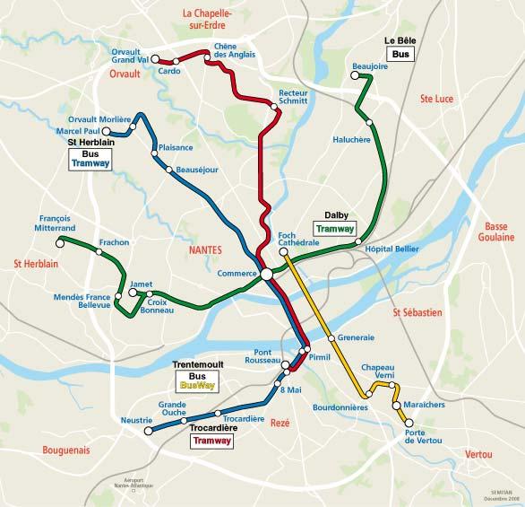 The TAN network today 3 tram lines (42km) 1 BusWay route (7km) 7 routes with articulated buses 52 routes with standard buses (22 routes contracted out) 1 special route between the city and the
