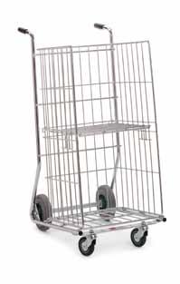 SIMPLE AND CONVENIENT TROLLEY HAND TRUCK Products securely held in position and protected by 3 contained sides. Loads can be distributed over 2 levels: retracting shelf.