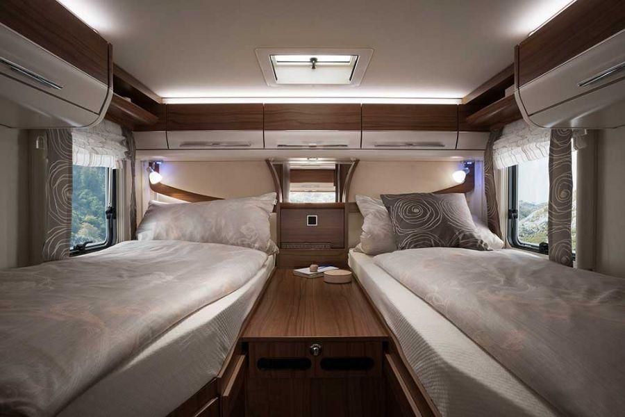The twin beds in the Hymermobil B-Class DynamicLine 678 provide a comfortable and spacious area for sleep