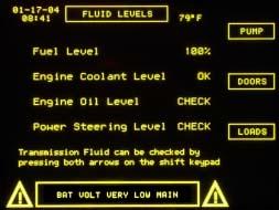 Fluids Screen The Fluids Screen displays the status of fuel, engine coolant, engine oil, and power steering fluid.