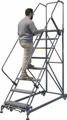 freight savings Available fully assembled, specify (SU) set-up Available with rear guardrail removed for walk through Meets OSHA & ANSI standards CAL OSHA available HEAVY DUTY STAIRWAY SLOPE LADDER