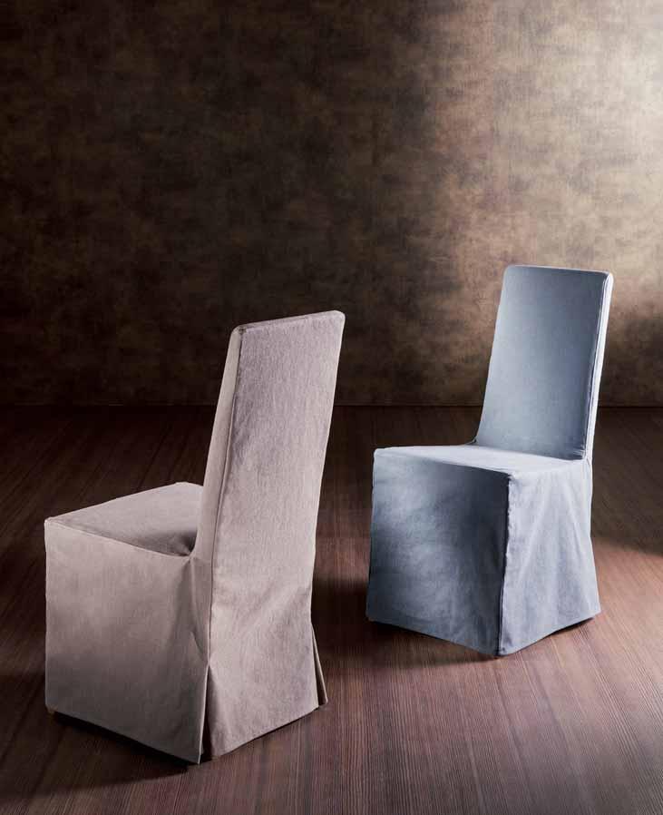 CHAIR WITH STRUCTURE IN FLEXI- BLE POLYURETHANE FOAM, COM- PLETELY COVERED IN THE FABRICS OF THE COLLECTION. FEET IN SOLID WOOD.