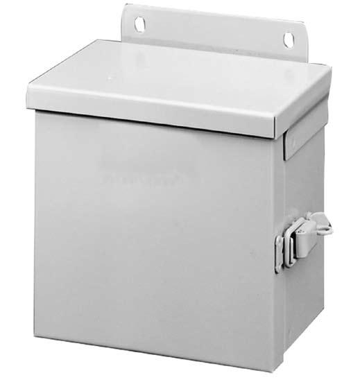 Hinged Cover Type 3R Small Type 3R Boxes and A3SM Features Drip-shield top and seam-free sides, front, and back Plated steel hinge has stainless steel pin Weldnuts provided for mounting optional