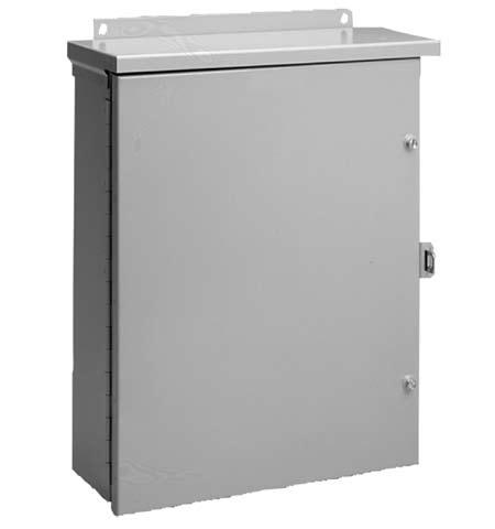 Hinged Cover Type 3R Medium Type 3R Boxes and A3M Construction 16 or 14 gauge galvanized steel Hasp and staple provided for padlocking No gasketing or knockouts Finish ANSI 61 gray polyester powder