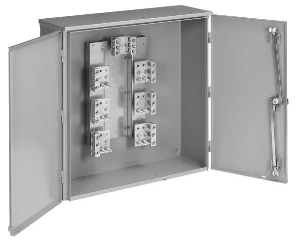 Features Double door with 3-point latch includes padlock feature Lift-off hinges for removable doors Mechanical lugs provided for three-phase line-load connections plus neutral Ground lug Catalog