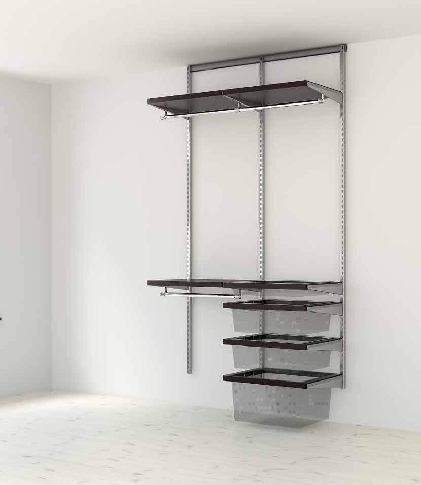 + Select The ready solutions in this brochure are based on Elfa wall hang system for 400 mm floor-wall height and 470 mm depth. Note! Clothes on hangers on the rod will increase the depth to 600 mm.