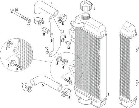 of fixing the radiator is on right side of engine. Radiator must be mounted with all components as shown in the illustration either like version 1/2 or like version 3.