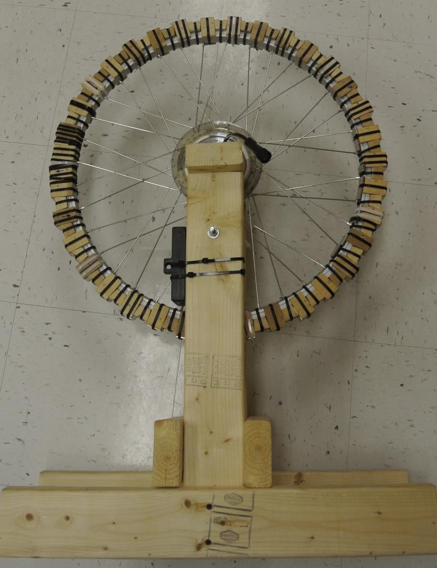 Gaul and Majewski: Self-Driven Electromagnetic Wheel Rim composed of 36 one-inch neodymium magnets arranged in 9 Halbach arrays Bicycle wheel with brushless hub-motor Photogate for measuring RPM Wood