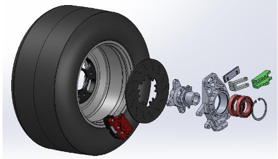 control arm mounts and the upright. A preset camber was established but with upcoming testing the team will determine which camber is optimal. Figure 47: Front Upright and Hub Assembly 6.3.