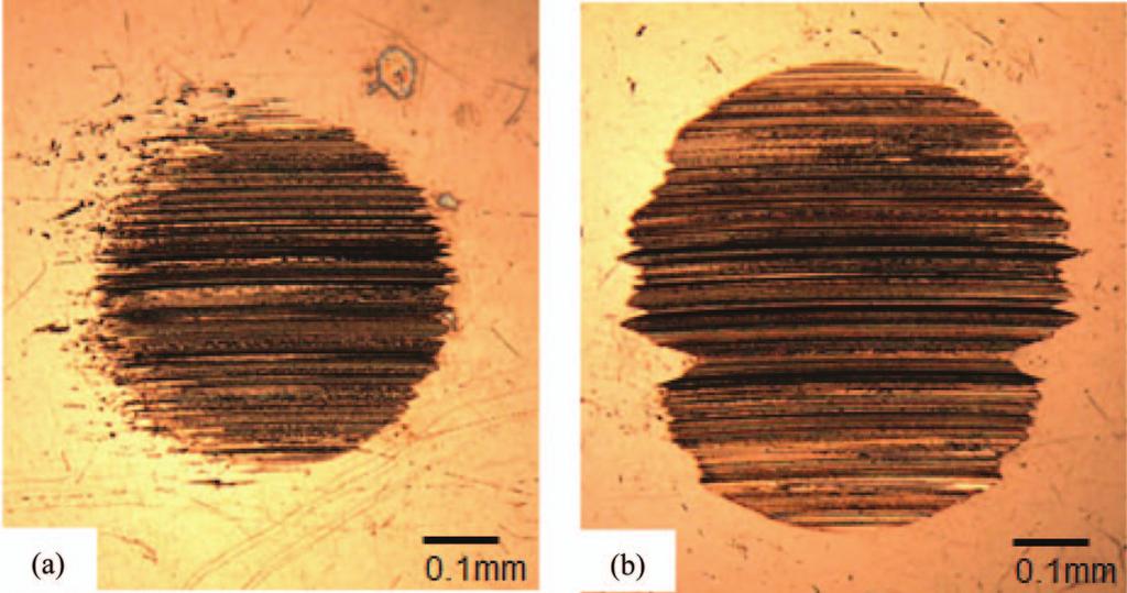 Grease Degradation in Constant Velocity Joints 829 Fig. 6 Typical example of wear scar: (a) tripod joint grease after 45,000 km and (b) tripod joint grease after 180,000 km.