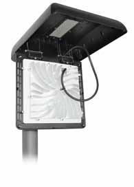 This rapid air flow pulls cooler ambient air from outside, through the luminaire and venting it in the door frame and upper housing.