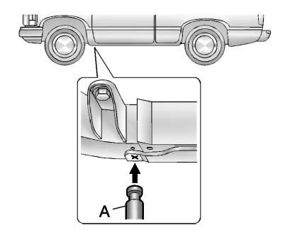 Vehicle Care 10-67 4. Position the jack under the vehicle as shown. Raise the vehicle far enough off the ground so there is enough room for the spare tire to clear the ground.