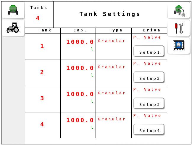 Chapter 2 Seeder Settings 2.2. Setting up tanks 1. Select Seeder Settings Menu / Tank Settings. Cap.: Tank capacity. Note: Use the table on page 77 to record the tank capacities for future use.