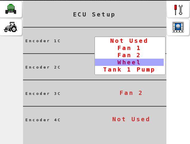 ECU Setup The Apollo ECU has four encoders that are assignable for monitoring seeder inputs. Use the ECU Setup menu to assign these encoders to seeder components according to the harness connections.