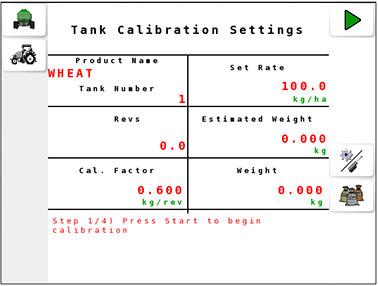 5.2 Automatic calculation of calibration factor Note: For granular tanks with actuator drive, select to toggle the calibration mode as Set Rate of application or Actuator Extension target percentage.