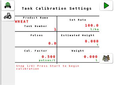 5.2 Automatic calculation of calibration factor 5.2.3. Calibrating a liquid tank Note: Liquid tanks must be calibrated one at a time. 1. Select Settings Menu / Product Settings Menu. 2.