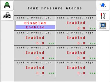 8.7 Setting up tank pressure alarms 8.7. Setting up tank pressure alarms Pressure transducer sensors may be fitted for liquid or NH3 tanks to measure tank pressure.