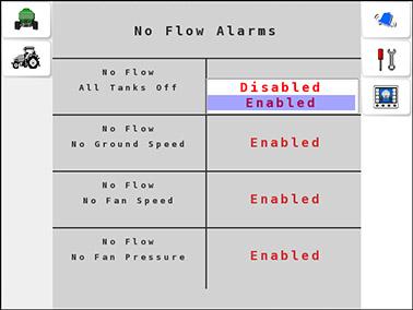 8.9 Setting up no flow alarms 8.9. Setting up no flow alarms No flow alarms alert the operator if any critical function of the seeder is hindered. 1.