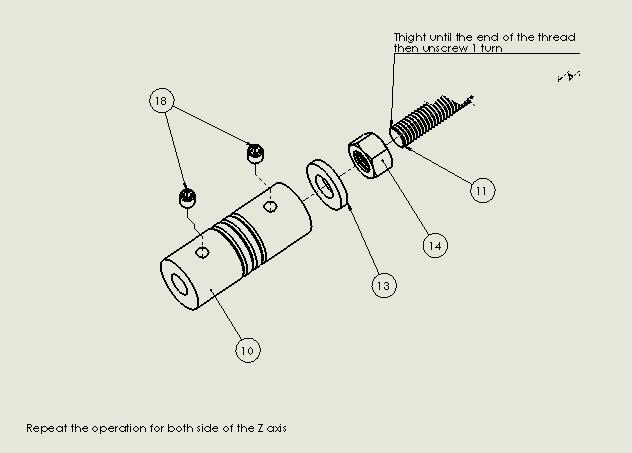 Install the Z axis Coupler (17) on the M5 threaded rod (18) Set