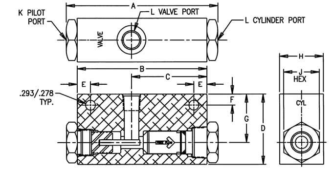 Inline Single Lock Valves Dimension Diagrams, Part Number and Flow Chart: K PILOT PORT A L VALVE PORT L CYLINDER PORT.293/.278 TYP. E VALVE B C E F H J HEX. CYL. G D Consult factory for variations or special applications.
