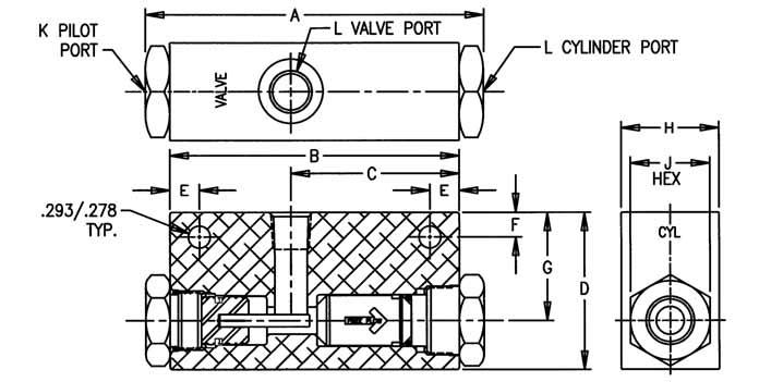Pneumatic Inline Single Lock Valves Dimension Diagrams, Part Number and Flow Chart: K PILOT PORT A L VALVE PORT L CYLINDER PORT.293/.278 TYP. E VALVE B C E F H J HEX. CYL. G D Consult factory for variations or special applications.