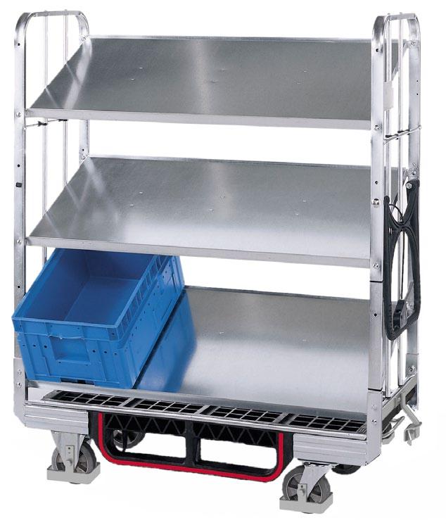 LC-Trolley 600 E3 bent intermediate shelves to simplify unloading and handling with LC boxes handbrake in the handle safety runners 6 km/h opt.