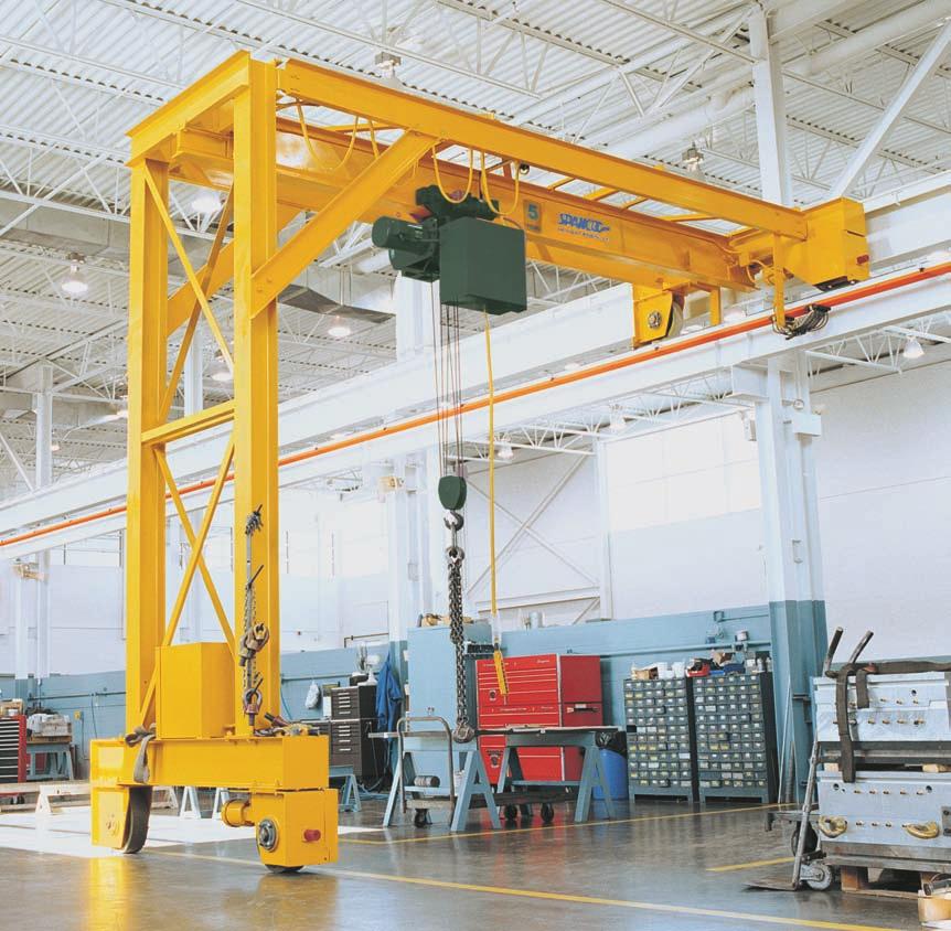 WIDE FLANGE CUSTOM DESIGNED SINGLE OR DOUBLE LEG, WIDE FLANGE BEAM CONSTRUCTION Built with double flanged wheels for travel on ASCE rail or polyurethane wheels for direct floor travel.