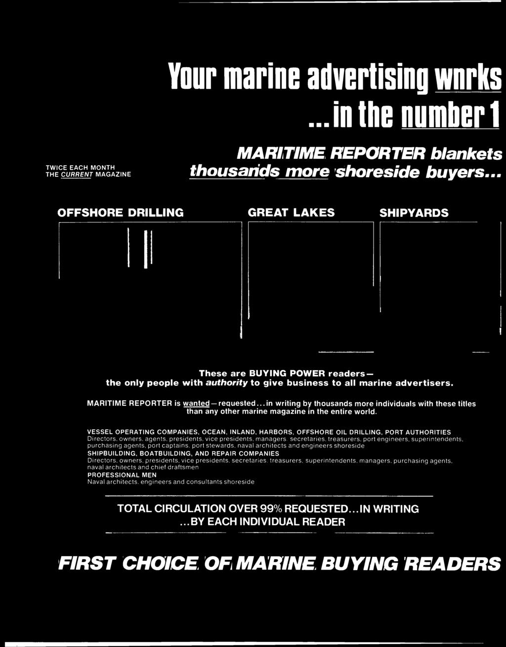Your marine advertising wnrks...in the number 1 TWICE EACH MONTH THE CURRENT MAGAZINE MARITIME REPORTER blankets thousands more shoreside buyers.